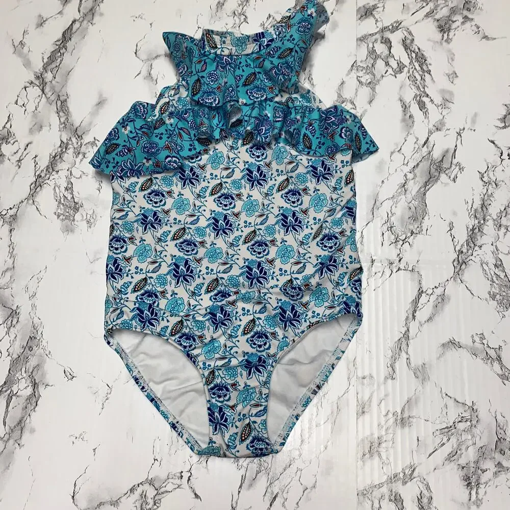 Janie and Jack Blue Radiance Floral Paisley Recycled Halter Swimsuit Girl Size 4